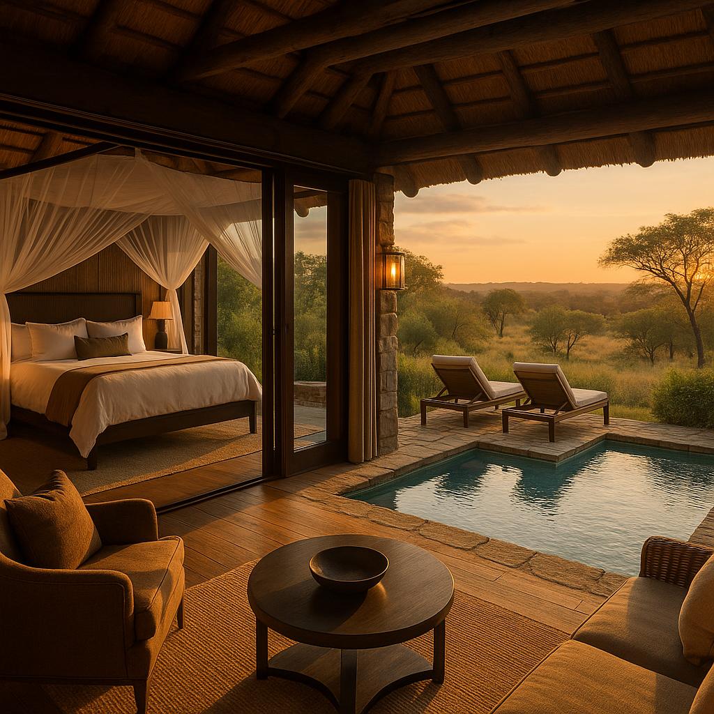Private pool suite overlooking the African bush at Singita Ebony Lodge