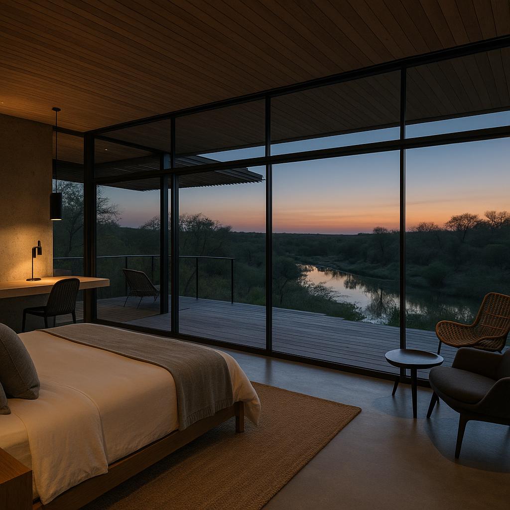 Singita Lebombo Lodge modern glass suite overlooking African bush