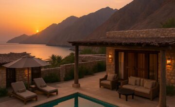 Luxury villa at Six Senses Zighy Bay with panoramic mountain and sea views at sunset