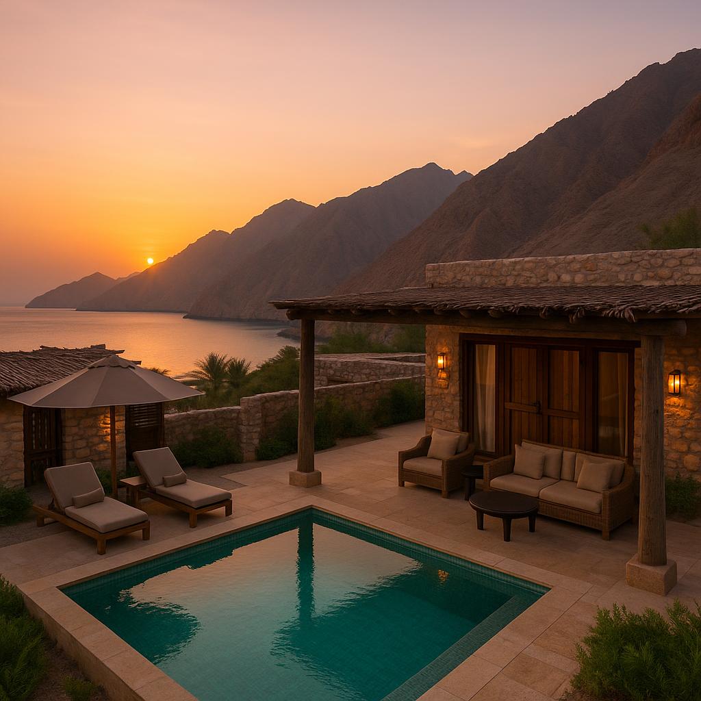 Luxury villa at Six Senses Zighy Bay with panoramic mountain and sea views at sunset
