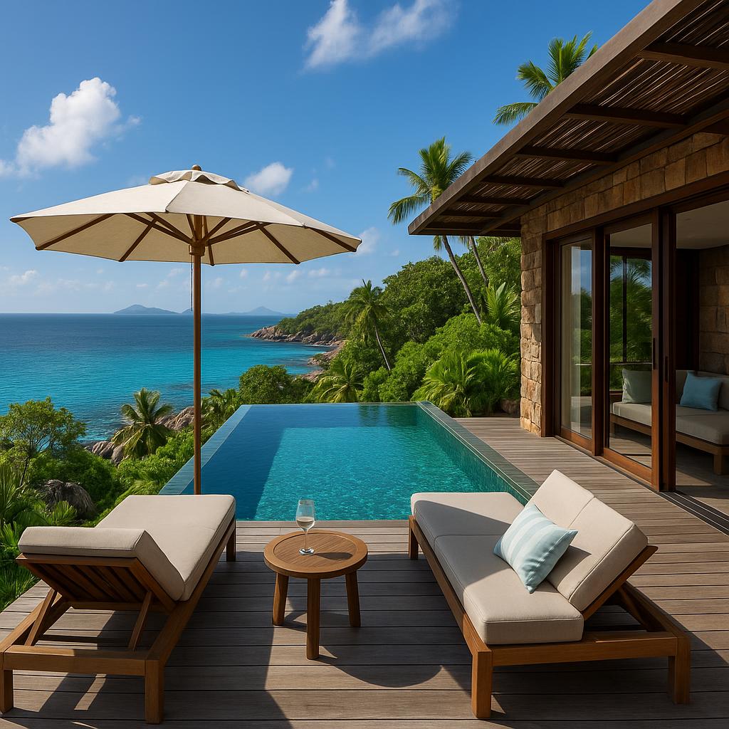 Private villa pool overlooking ocean at Six Senses Zil Pasyon