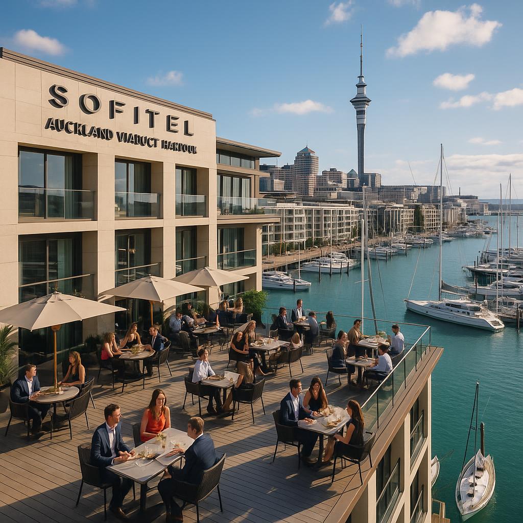 Sofitel Auckland Viaduct Harbour rooftop bar overlooking marina and city skyline