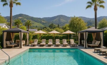 Modern pool with cabanas at Solage Napa