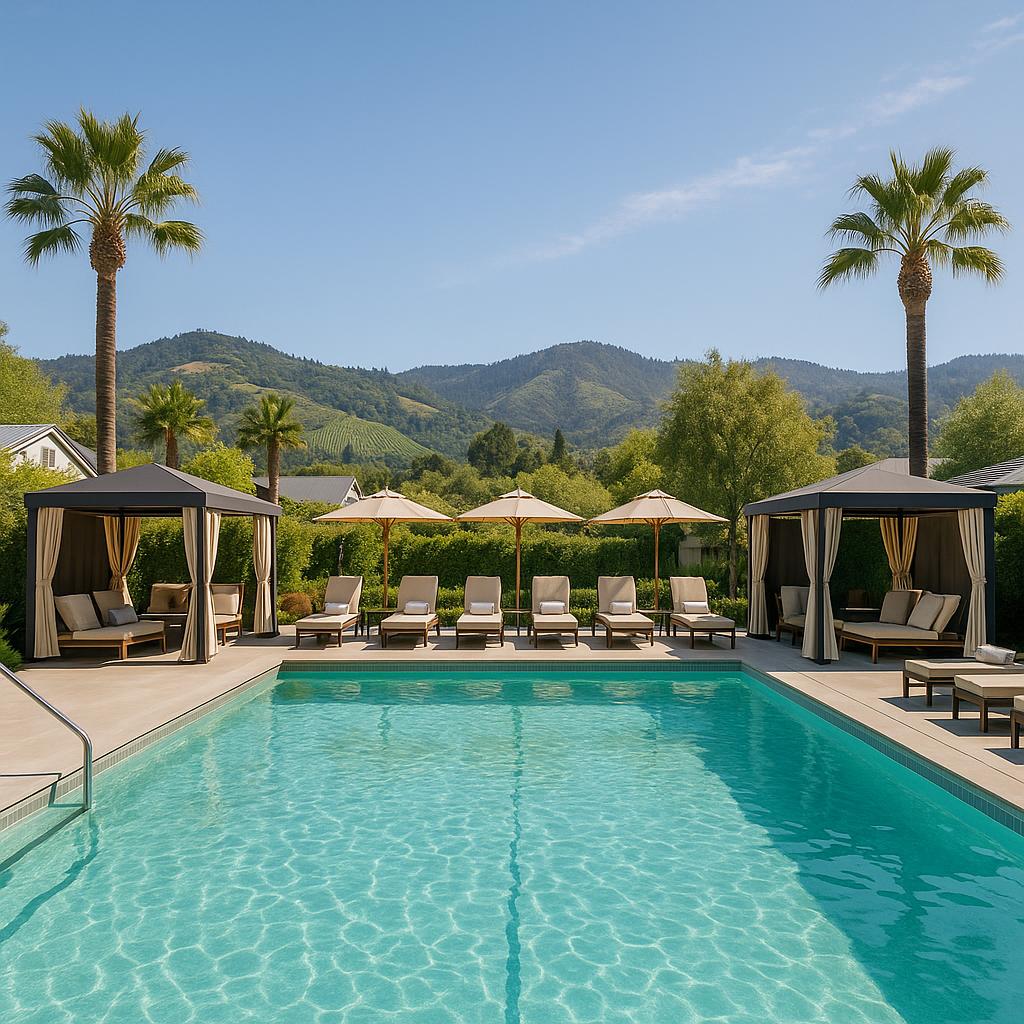 Modern pool with cabanas at Solage Napa