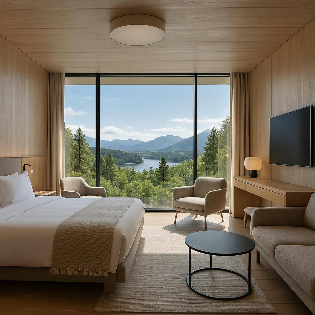 Sommerro luxurious modern hotel room with panoramic nature view