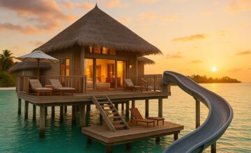 Overwater villa at Soneva Jani with private slide into lagoon