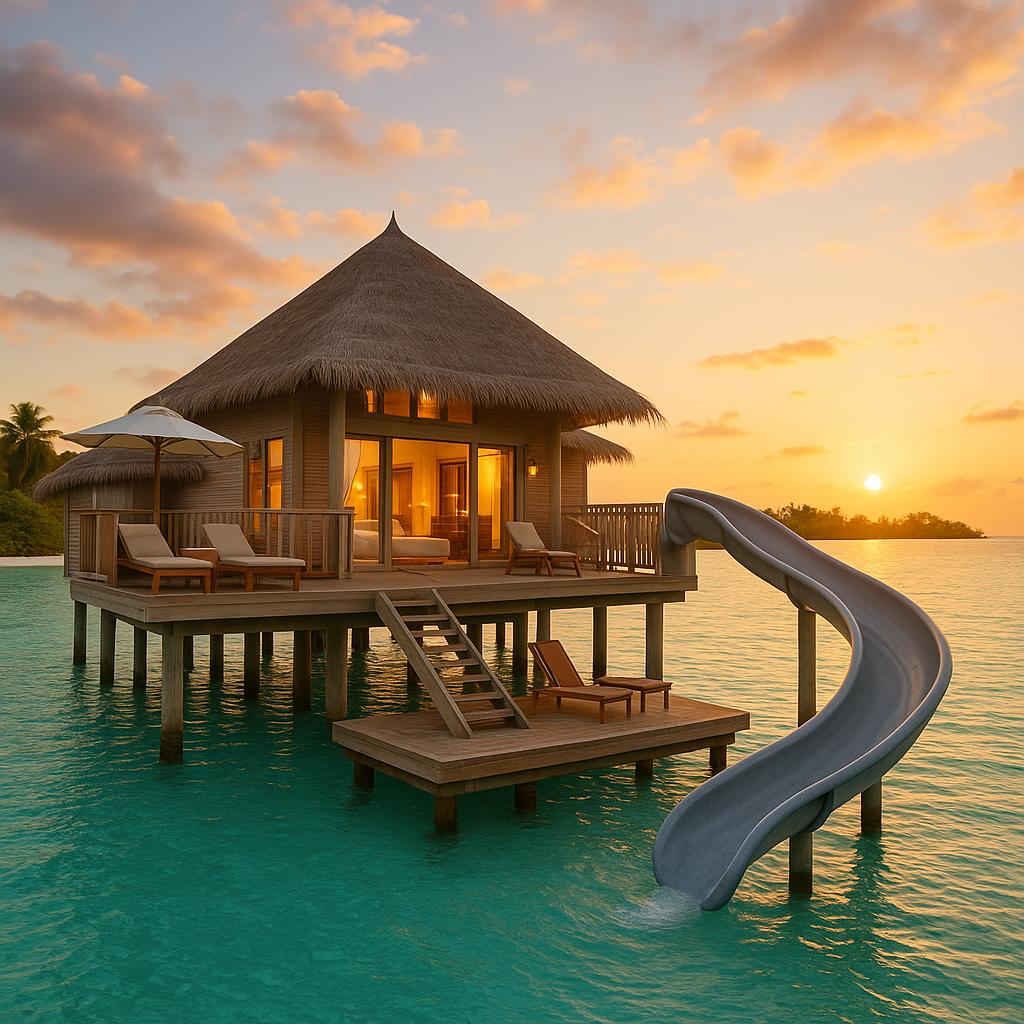 Overwater villa at Soneva Jani with private slide into lagoon