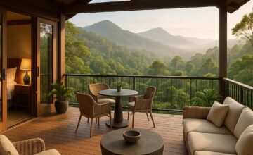 Spicers Peak Lodge terrace overlooking Queensland rainforest