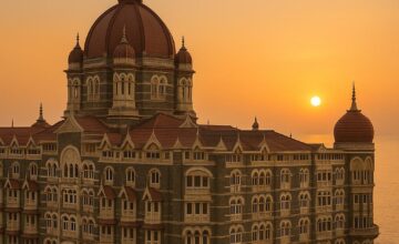Taj Mahal Palace hotel facade with sunrise