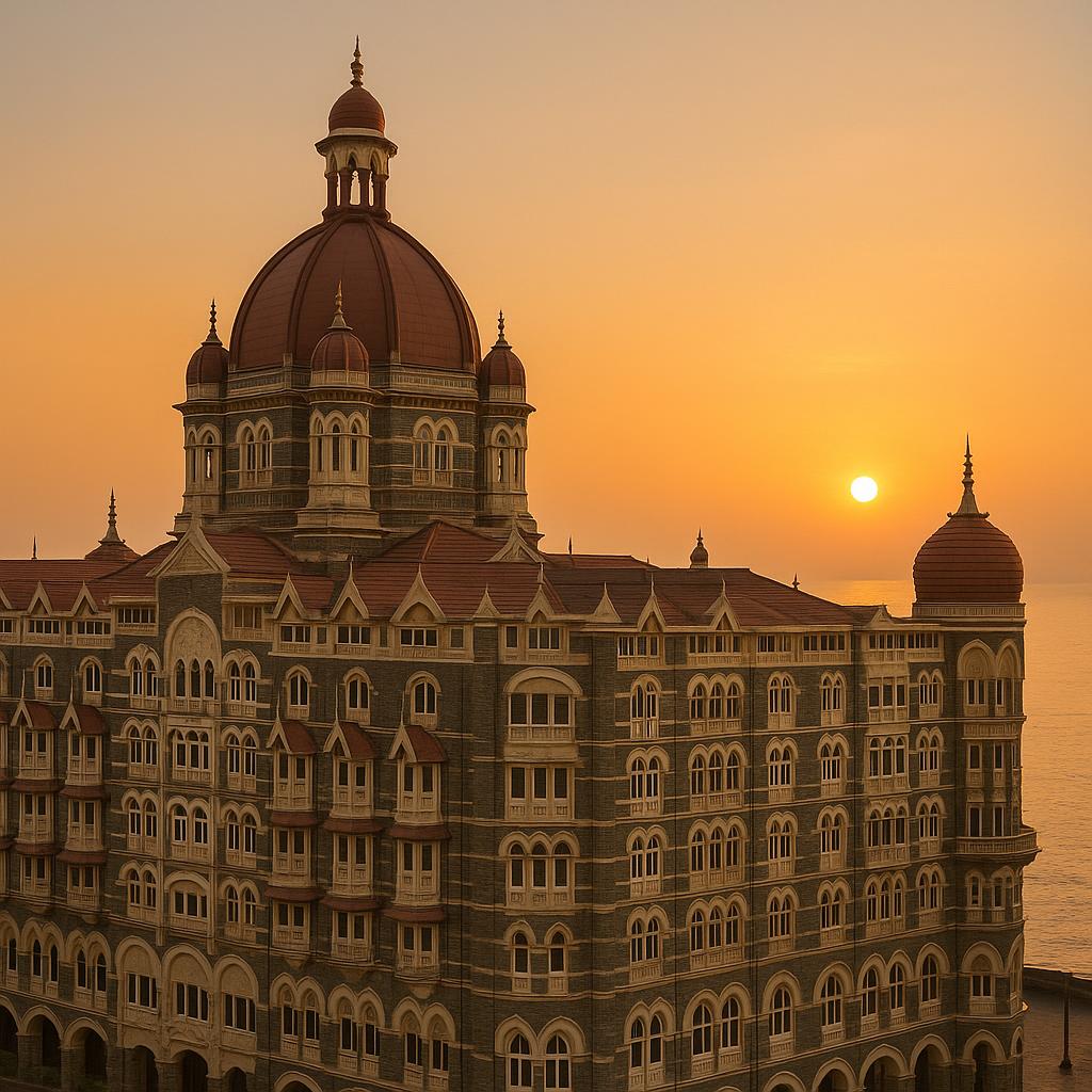 Taj Mahal Palace hotel facade with sunrise