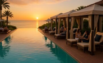 Terranea Resort infinity pool with ocean view at sunset