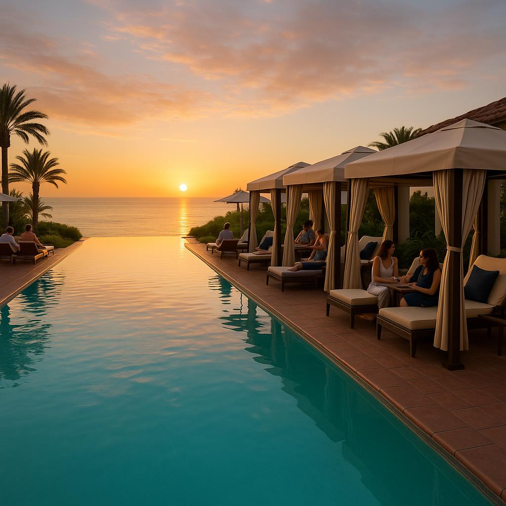 Terranea Resort infinity pool with ocean view at sunset