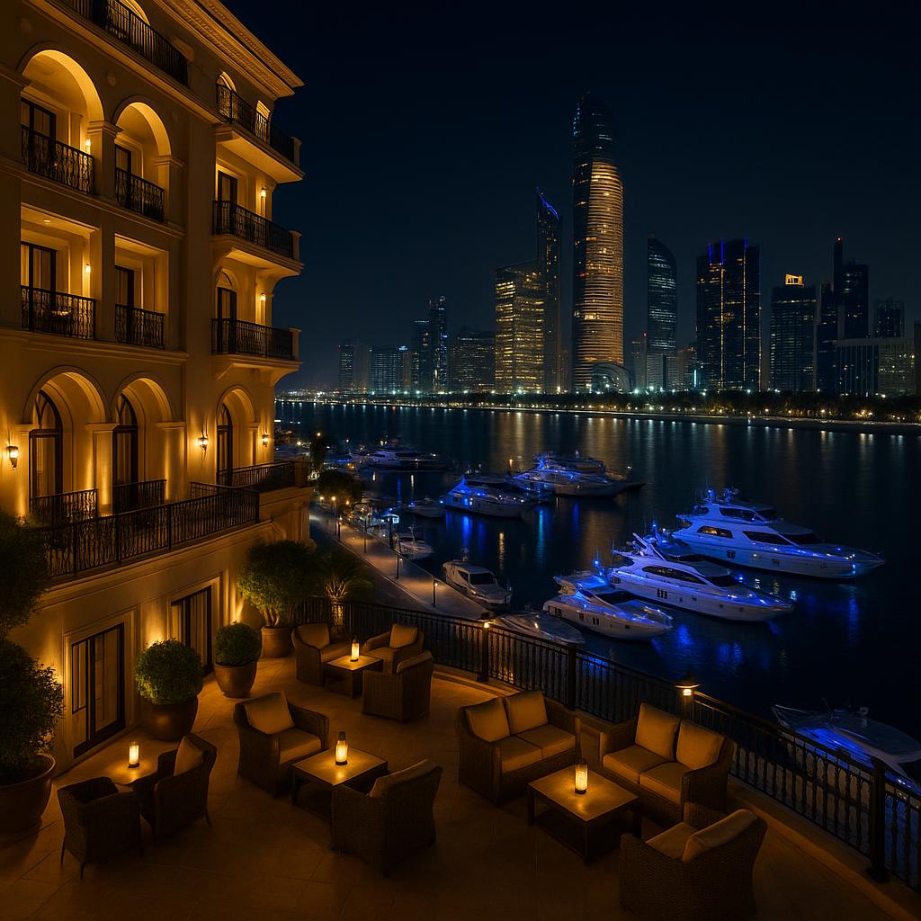 The Abu Dhabi EDITION hotel glowing at night with marina and yachts illuminated