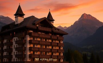 The Alpina Gstaad hotel exterior with Swiss Alps at sunset