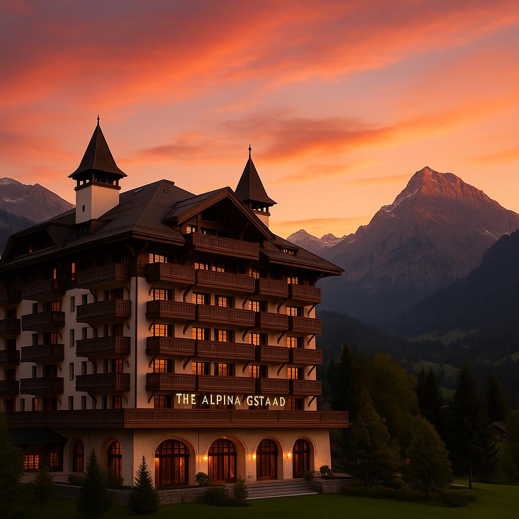 The Alpina Gstaad hotel exterior with Swiss Alps at sunset