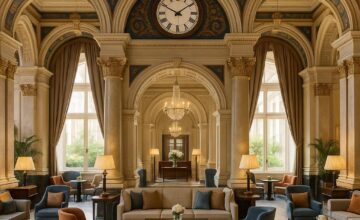 The Balmoral hotel lobby with iconic clock and grand arches