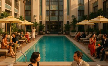 The Beaumont’s stylish pool scene with Art Deco design and vibrant social atmosphere