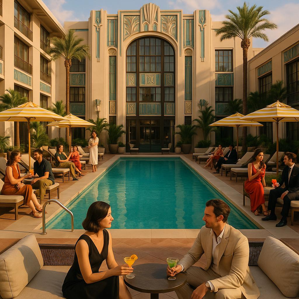 The Beaumont’s stylish pool scene with Art Deco design and vibrant social atmosphere