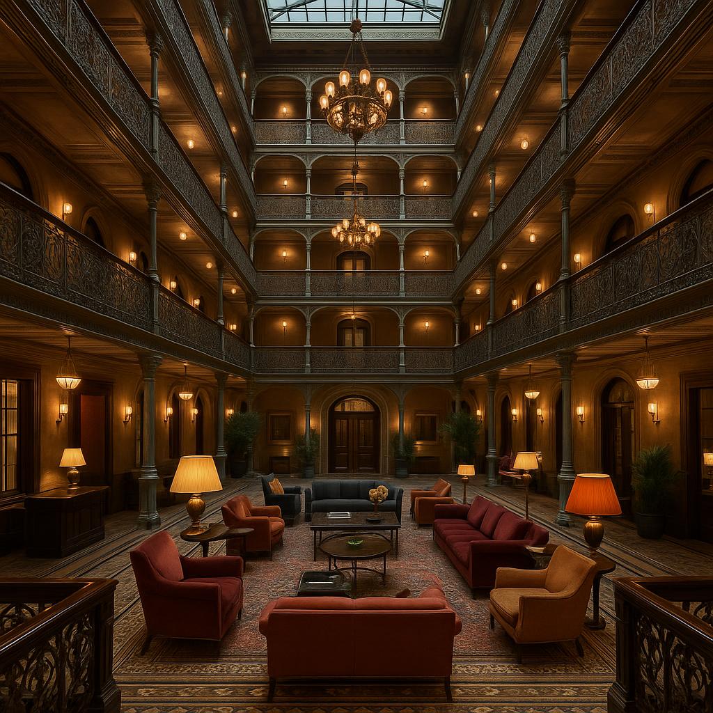 Historic elegant lobby with vaulted ceiling and modern lighting