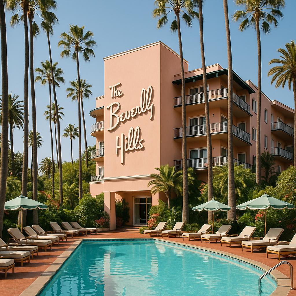 The Beverly Hills Hotel pink facade with palm trees and pool
