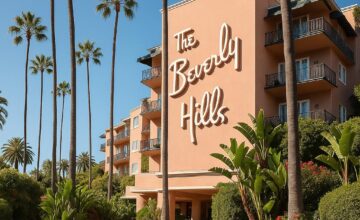 The Beverly Hills Hotel pink facade with lush gardens