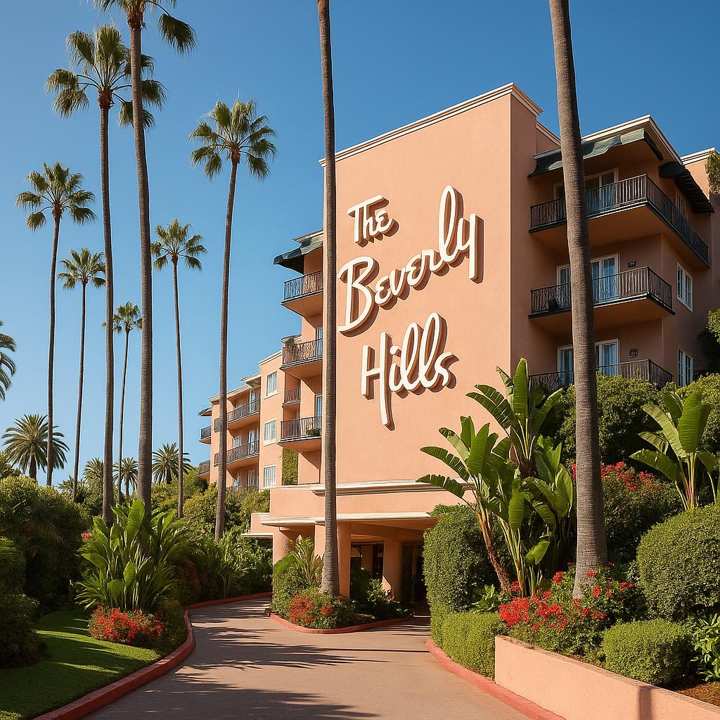 The Beverly Hills Hotel pink facade with lush gardens