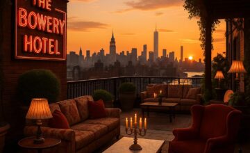 Bowery Hotel rooftop terrace with Manhattan skyline
