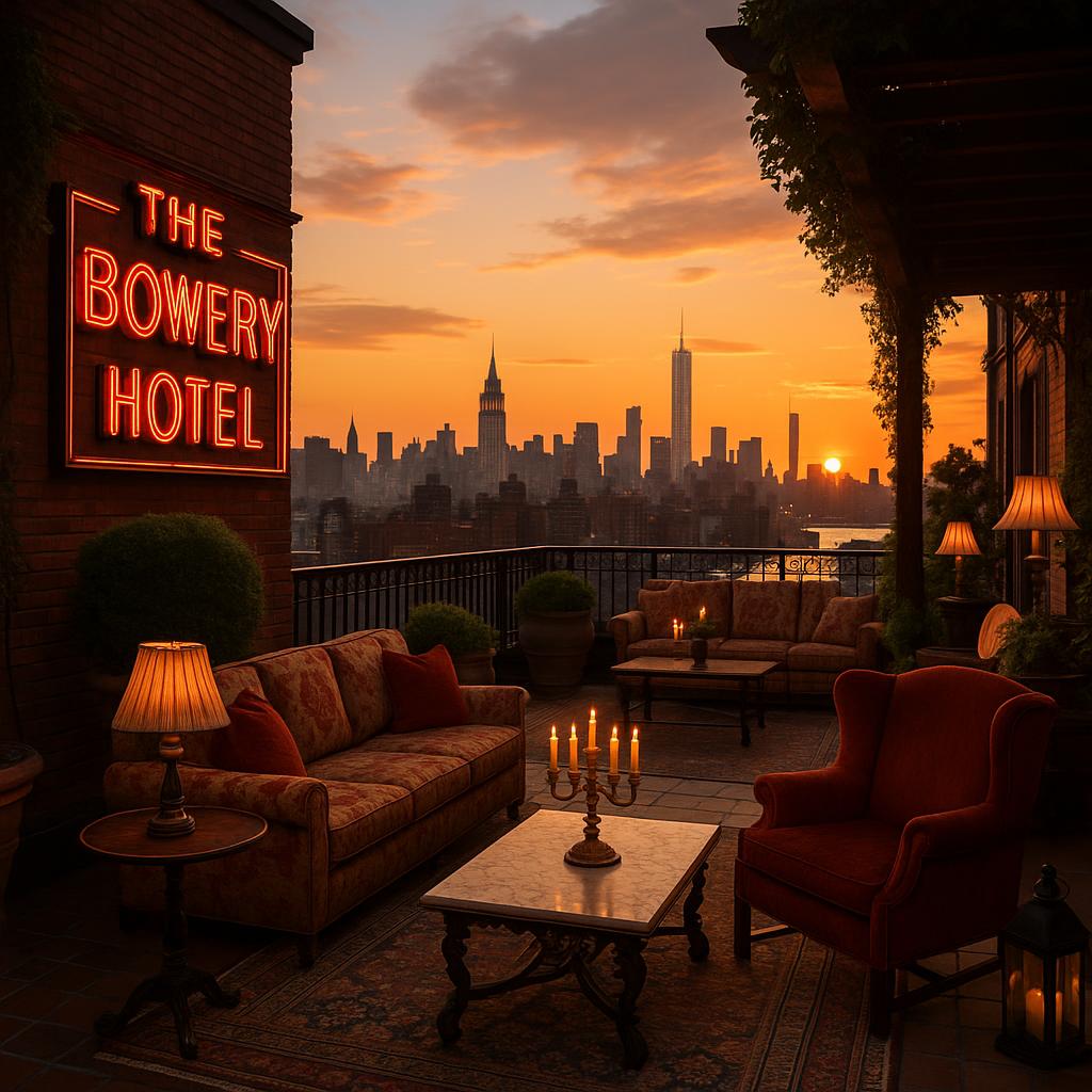 Bowery Hotel rooftop terrace with Manhattan skyline