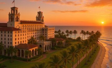 The Breakers Palm Beach resort against sunset sky with oceanfront and palms