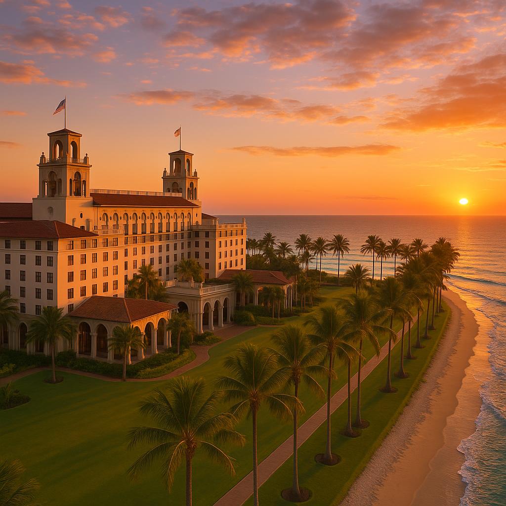 The Breakers Palm Beach resort against sunset sky with oceanfront and palms
