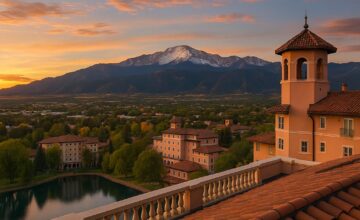 Sunset rooftop view from The Broadmoor with Pikes Peak in background