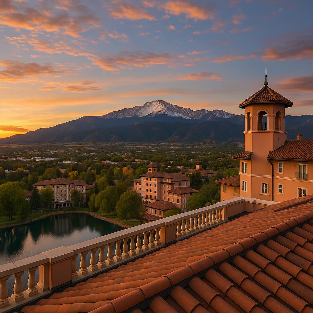Sunset rooftop view from The Broadmoor with Pikes Peak in background