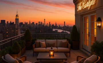 Elegant rooftop terrace overlooking Manhattan at sunset with warm seating and ambient lighting