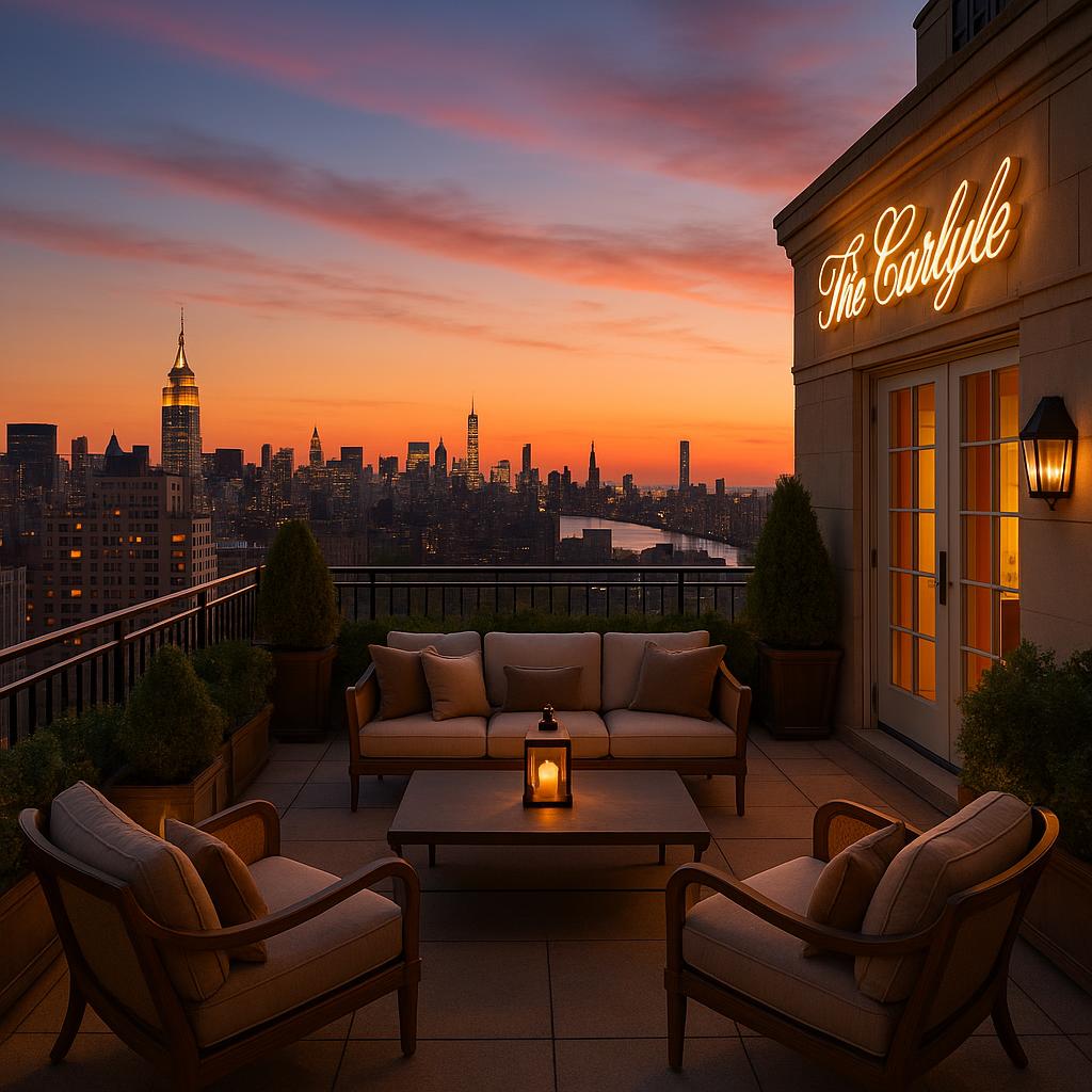 Elegant rooftop terrace overlooking Manhattan at sunset with warm seating and ambient lighting