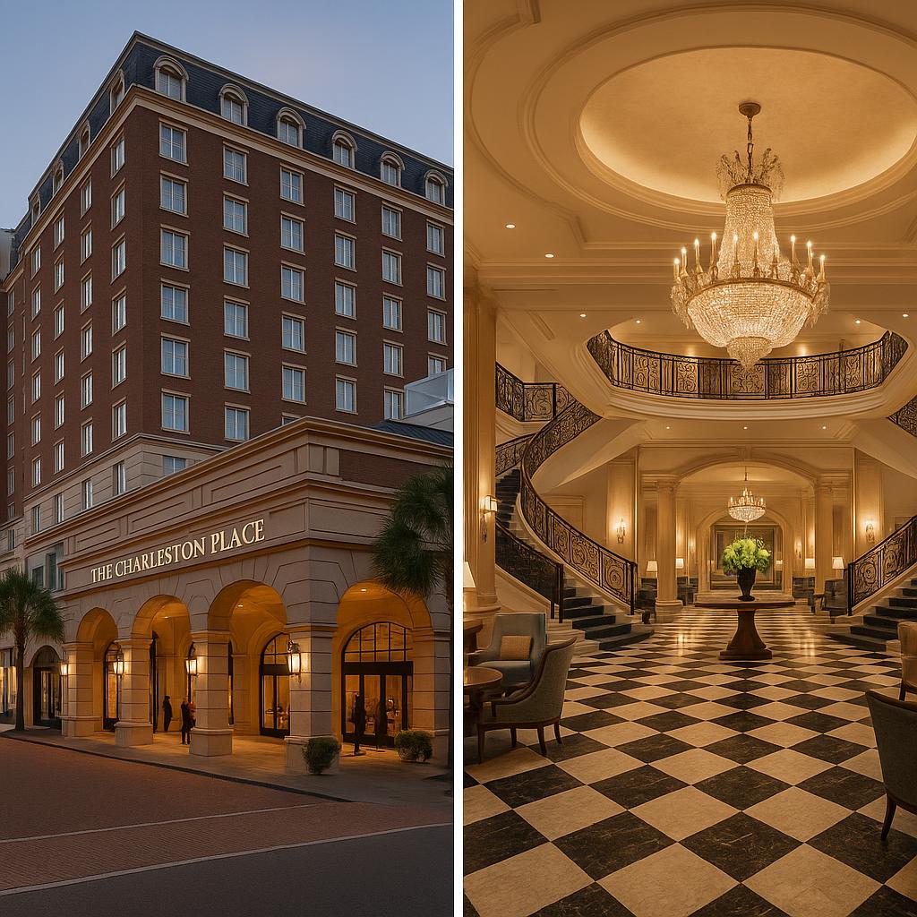 The Charleston Place hotel exterior and lobby