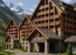 Exterior of The Chedi Andermatt with wood and stone facade in the Alps