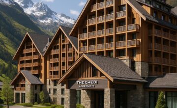Exterior of The Chedi Andermatt with wood and stone facade in the Alps