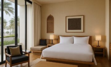 Designer room at The Chedi Muscat featuring natural stone and wood elements with modern furnishings
