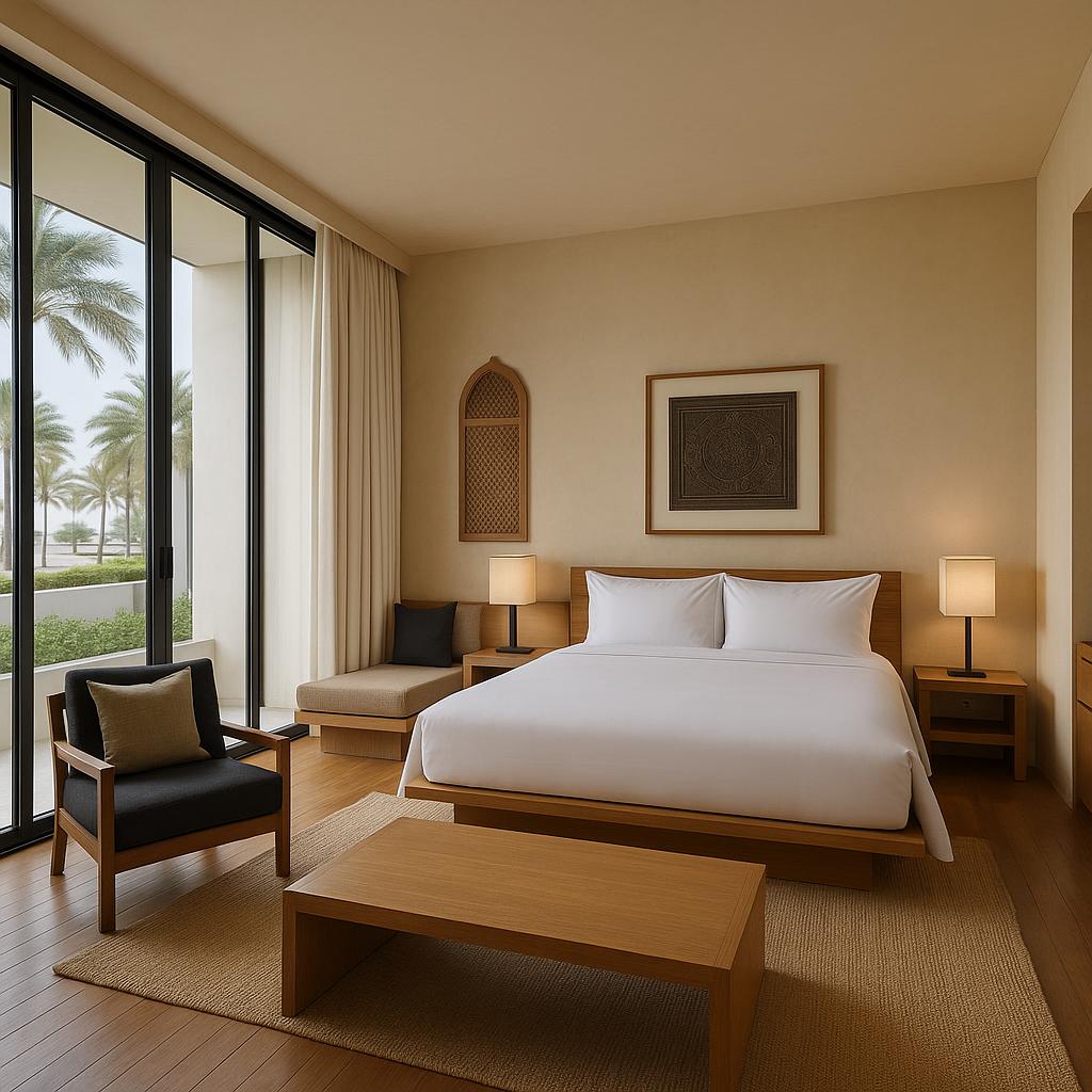 Designer room at The Chedi Muscat featuring natural stone and wood elements with modern furnishings