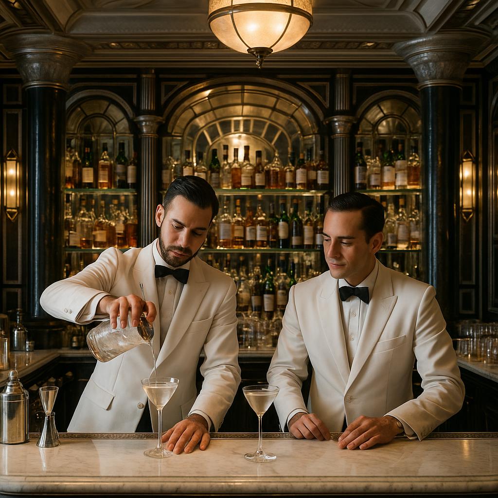 Bartenders crafting signature martinis at The Connaught Bar, London