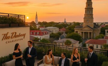 Rooftop terrace at The Dewberry Charleston with city views and sunset