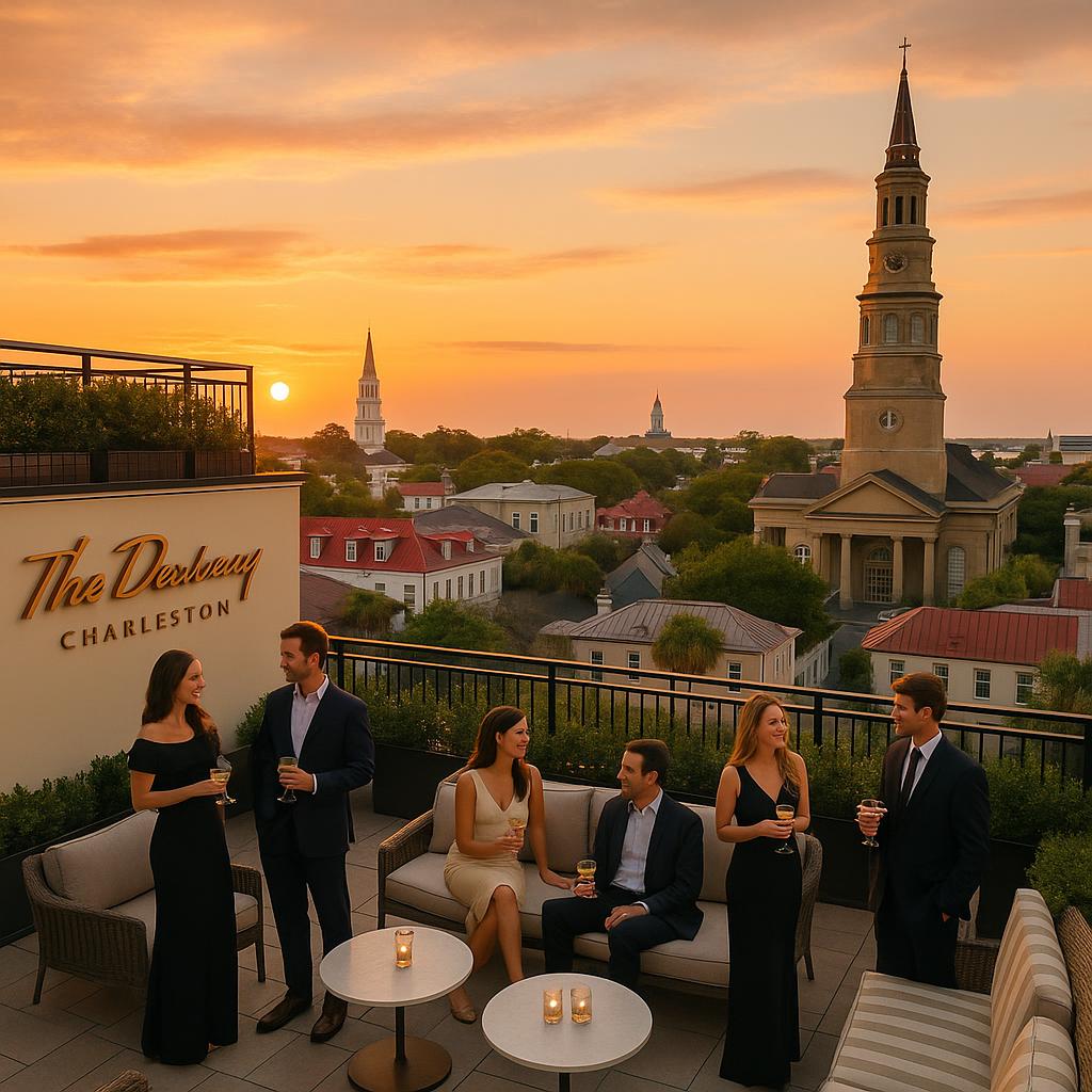 Rooftop terrace at The Dewberry Charleston with city views and sunset