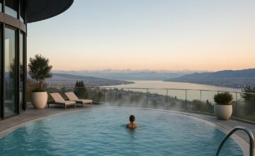 Outdoor thermal pool at The Dolder Grand overlooking Zurich