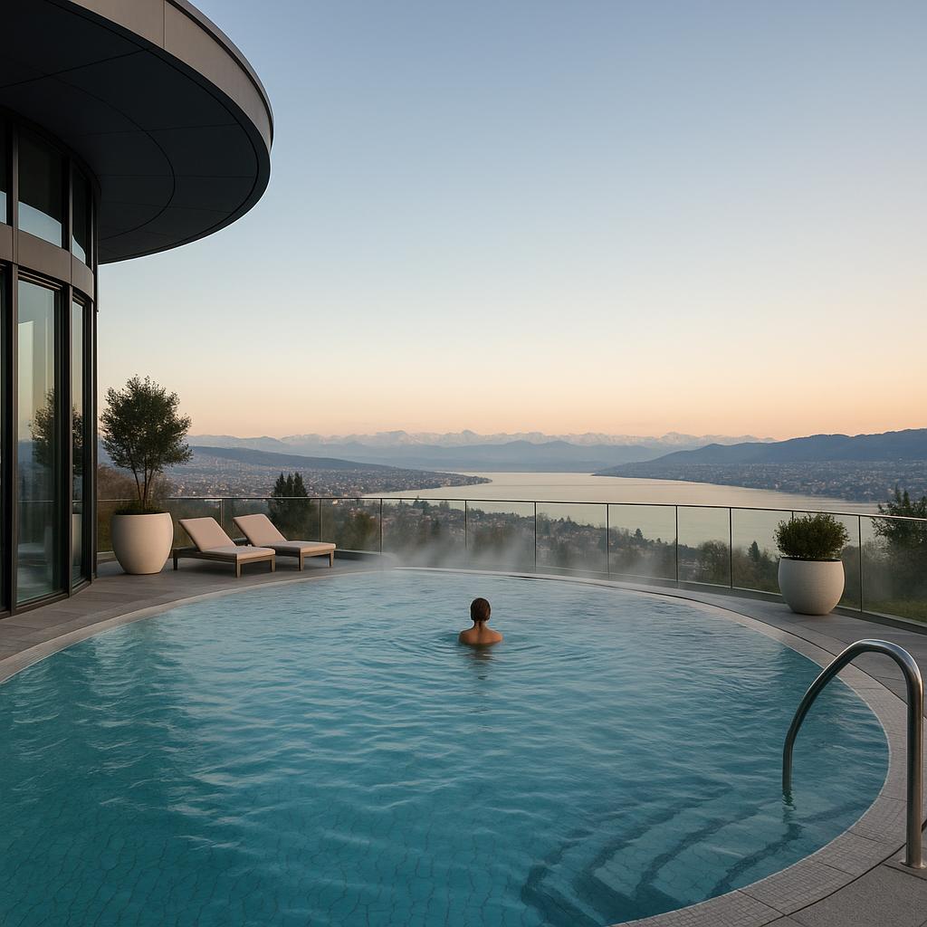Outdoor thermal pool at The Dolder Grand overlooking Zurich