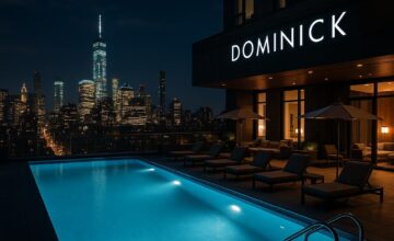 Luxury rooftop pool at The Dominick illuminated at night with Manhattan skyline