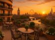 Panoramic view of London skyline from The Dorchester rooftop at sunset