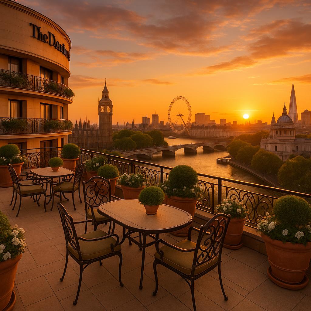 Panoramic view of London skyline from The Dorchester rooftop at sunset