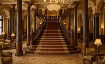 Grand lobby of The Driskill hotel with historic charm