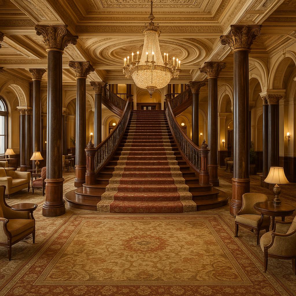 Grand lobby of The Driskill hotel with historic charm