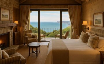 Luxury suite at The Farm at Cape Kidnappers with ocean view and rustic wooden decor
